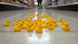 make a picture of very tiny toy ducks spilled on the ground in a target and someone walking away.jpg