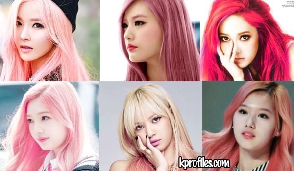 pink hair blue shirt kpop group