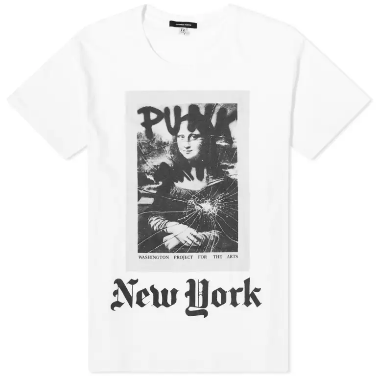 a white t shirt with a punk mona lisa graphic.