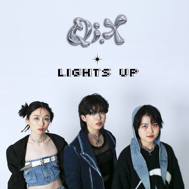 cover for qi.x's single 'lights up'. graphic text of the group and singles names on the top half, with members prin, jigook, and maek on the bottom half.