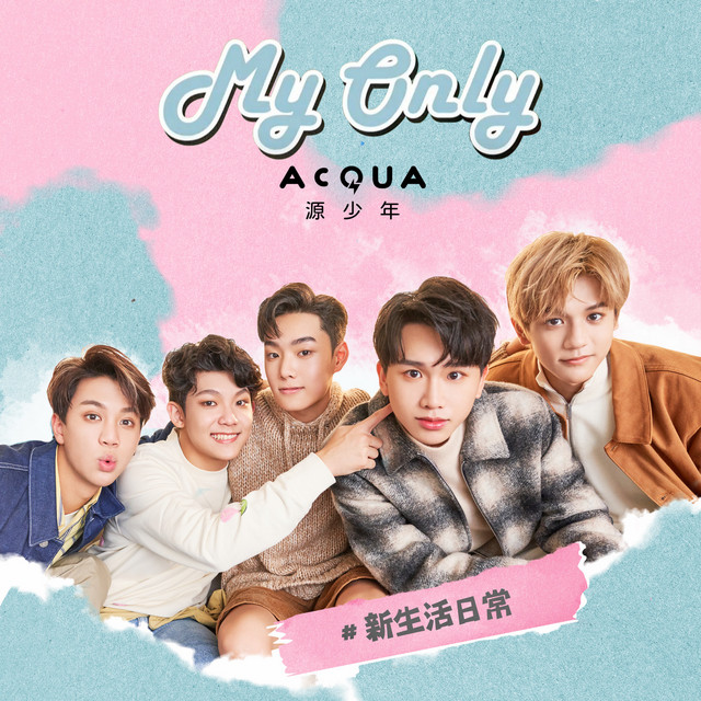 The members posing in front of a light blue and pink background, with the song title and group name above them in stylized fonts.